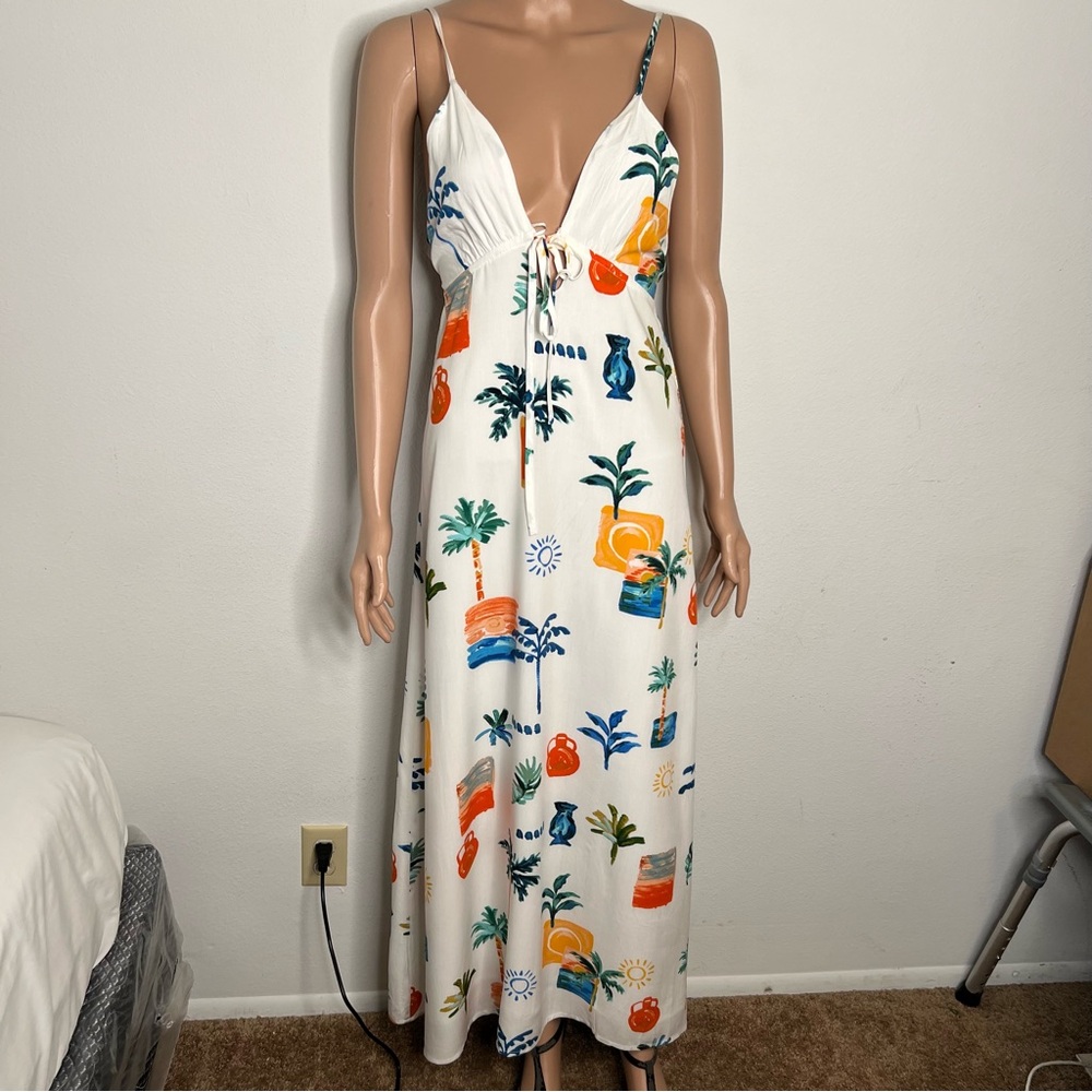 Paper Heart Women’s Maxi Dress Palms And Sun Print V-Neck Spaghetti Strap Sz  XS